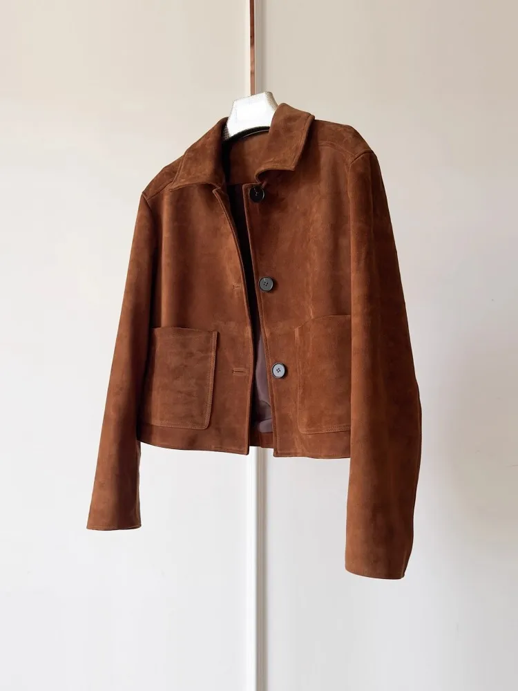 Capispalla in pelle di pecora scamosciata di alta qualità da donna con risvolto monopetto giacca in vera pelle da ufficio cappotto corto autunnale casual da donna