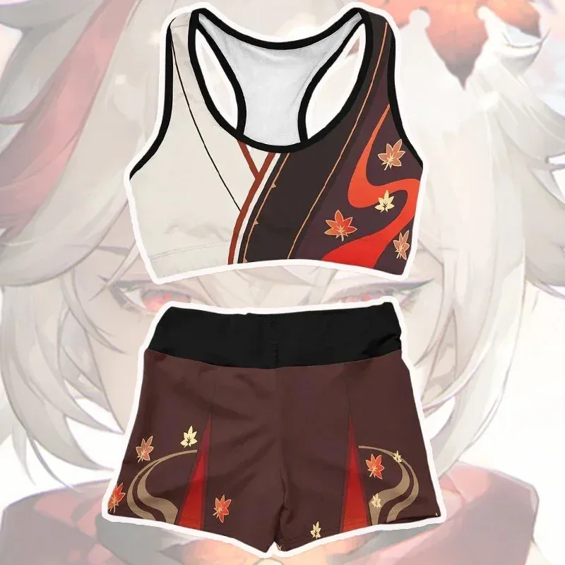 Maillot de bain Anime Kaedehara Kazuha, mignon Genshin Impact, ensemble Bikini Cosplay, Costume d'été, motif feuille d'érable, hauts et pantalons, 2023