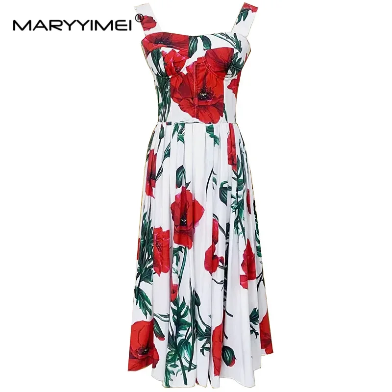 

MARYYIMEI Fashion Designer Summer Women's dress Spaghetti Strap Cotton Floral-Print Beach Holiday Cotton Dresses