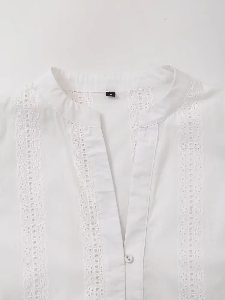 Tangada Women White Embroidery Cotton Shirt Puff Long Sleeve 2024 Female Crop Blouse Tops 6H095