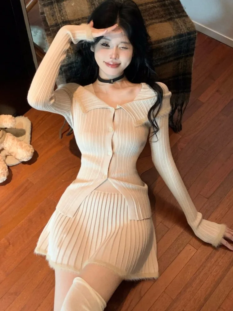 

Y2K Sweet Knitted Skirts Suit Turn-down Collar Single Breasted Cardigan Top + Pleat A-Line Mini Skirt Womens Two Pieces Set New