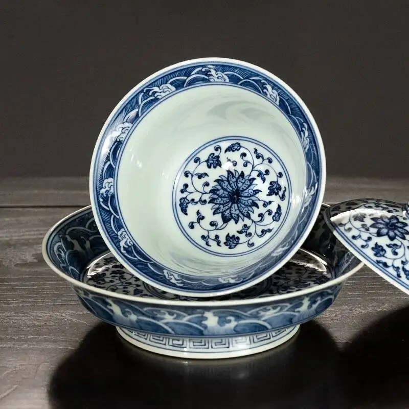 Holy Mountain Jingdezhen High-End Set, Antique-Style Hand-Painted Blue And White Lotus Bowl, Three-Piece Tea Brewing Cover Bowl