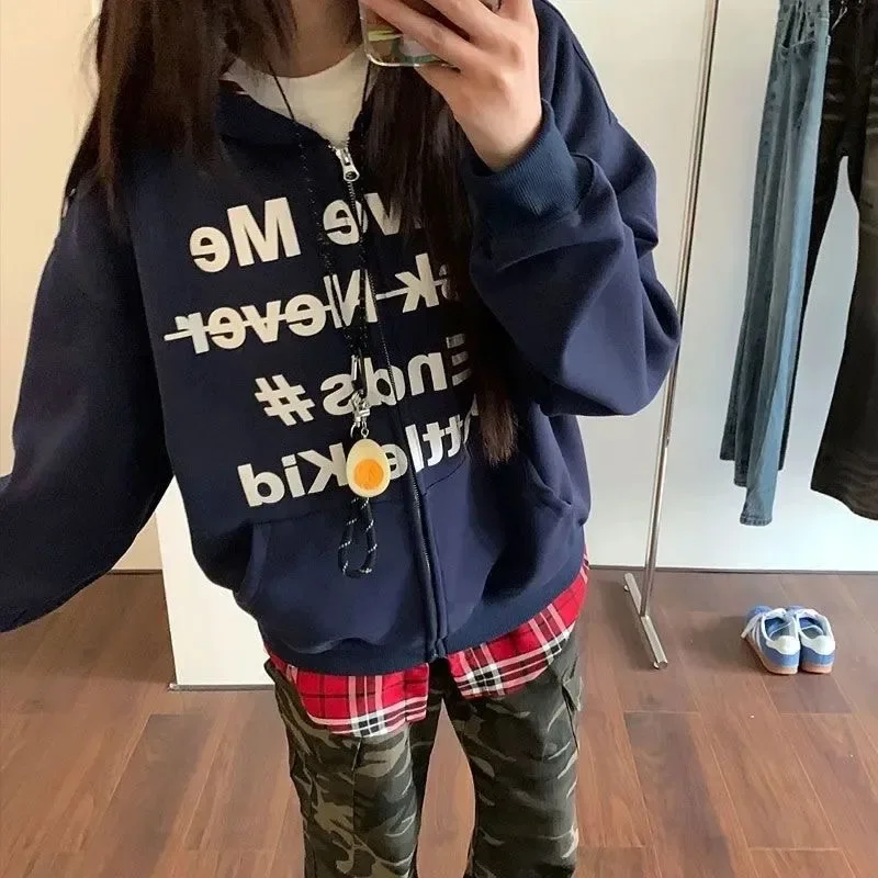 Hooded Sweatshirts Women Autumn American Street Fake 2pcs Patchwork Plaid Letter Design Zip Up Temperament Youth Fashion Daily