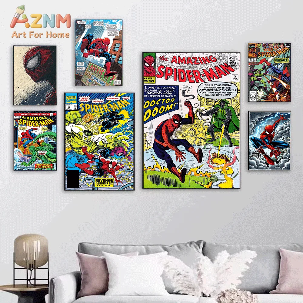 AZNM Spiderman Mask Spider Web Pattern Comic Canvas Wall Print, Classic Superhero Symbol Art Poster, Unframed Canvas Painting