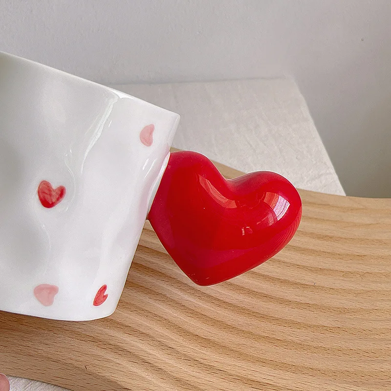 Cute Ins Style Love Polka Dot Ball Handle Ceramic Irregular Mug Couple Ceramic Water Coffee Breakfast Cup White and Red Mug