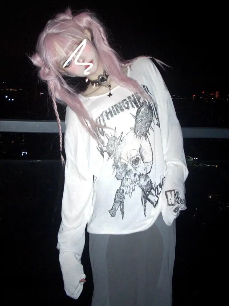 

Korejpaa American Retro Long Sleeve T-shirt Women Spring New Skull Letter Print Loose Round Neck Casual Y2k Top Street Clothes