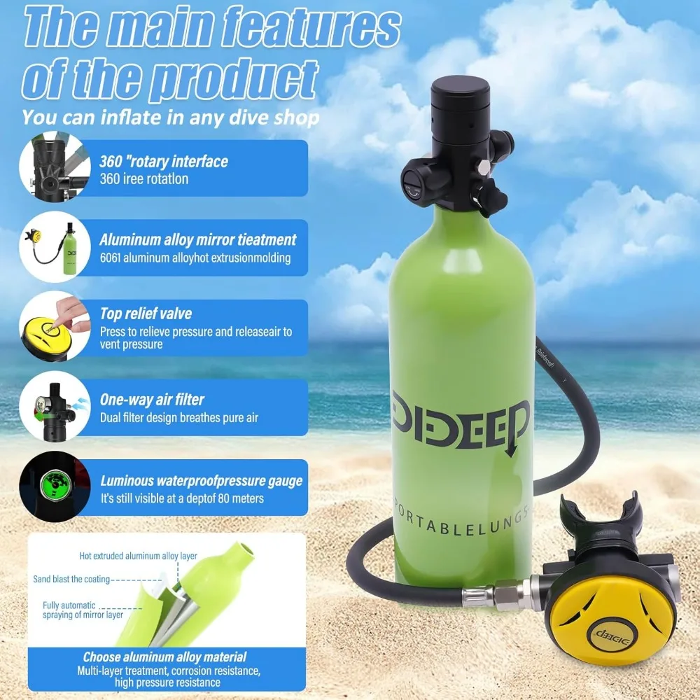 

1L Mini Scuba Tank Refillable Oxygen Cylinder with Carrying Strap Reusable Diving Gear for Underwater Diving Breathe Training
