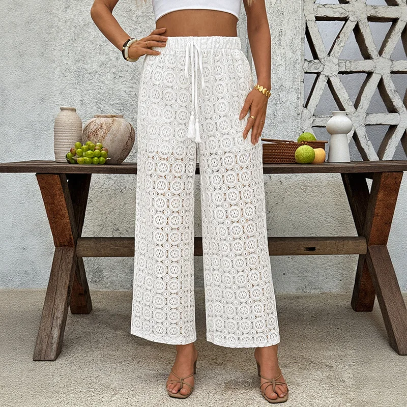 

Lace Summer New Arrival Casual Elastic High-Waist See-Through Straight Leg Pants for Women