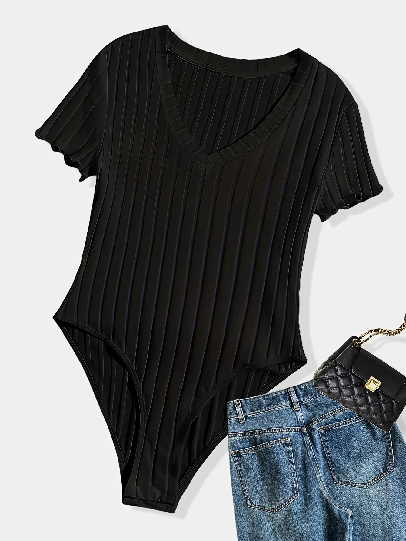 New Short-Sleeved Slim V-Neck T-Shirt Sexy and Versatile Slim Base Tight Jumpsuit
