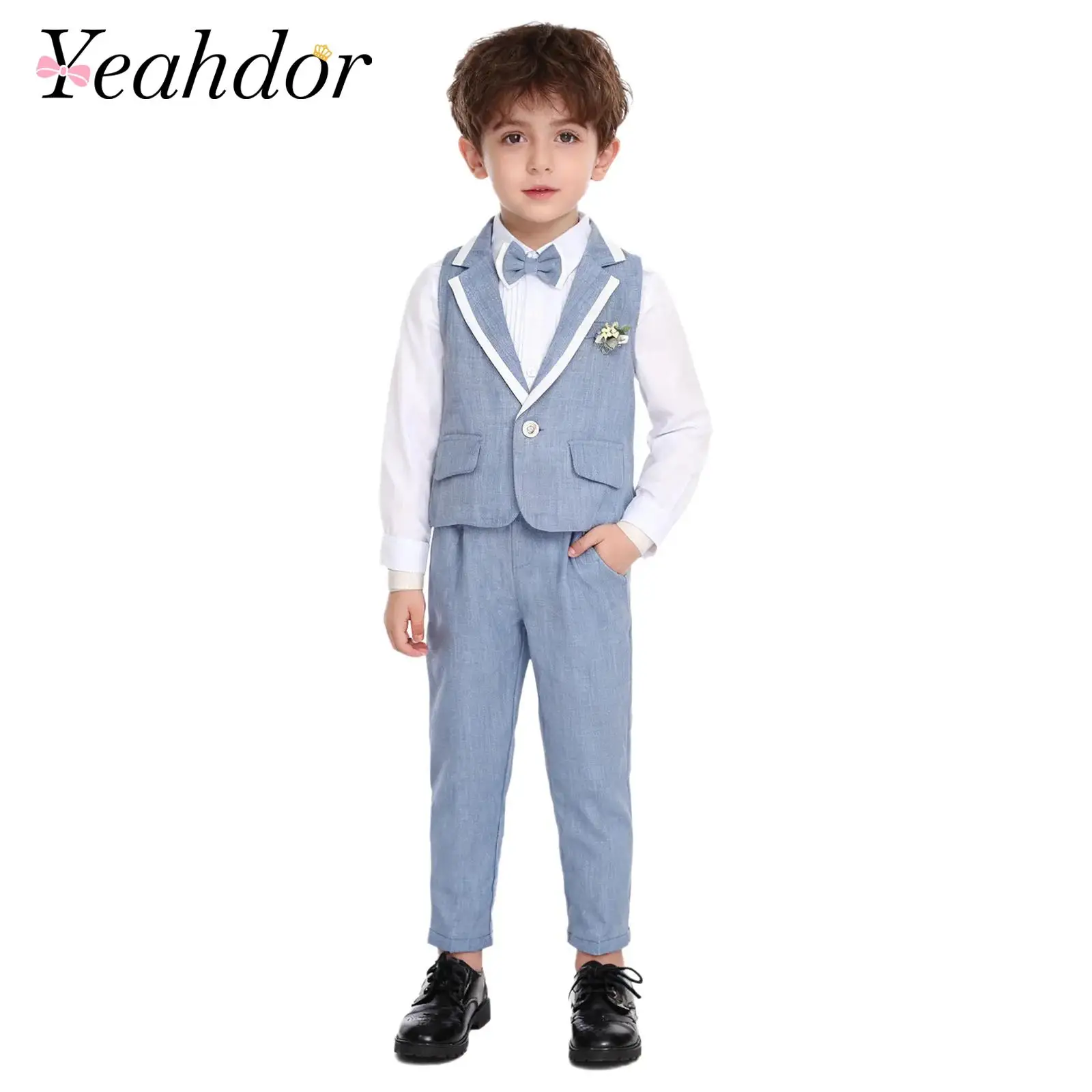 Suit for Boy Kids Formal Party Costume Gentleman Outfits Birthday Pleated Shirt One-button Vest Waistcoat Suspenders Pants