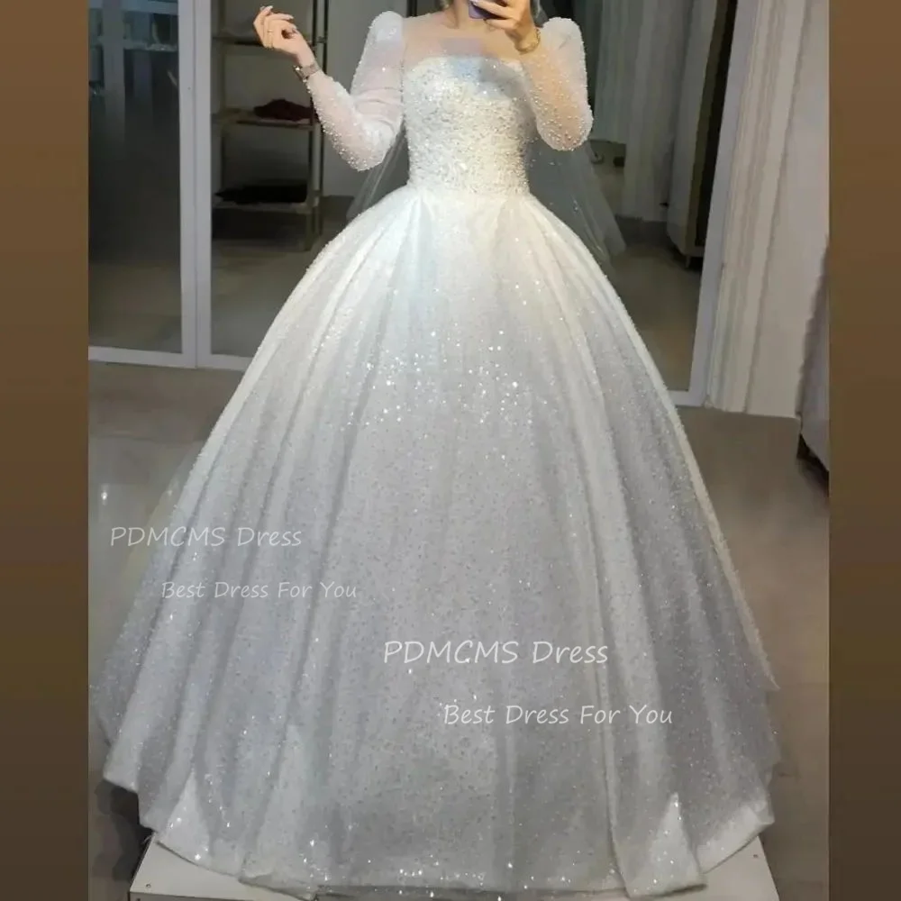 Luxo Monocromático Vestidos De Casamento A Linha, O Neck, Lantejoulas Brilhantes, Vestidos De Noiva Princesa, Vestido De Noiva Glitter