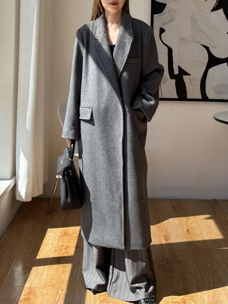 

Office Lady Woolen Jackets 2025 Autumn And Winter Suit Collar Stright Loose All-Match Women's Long 100% Wool Coats
