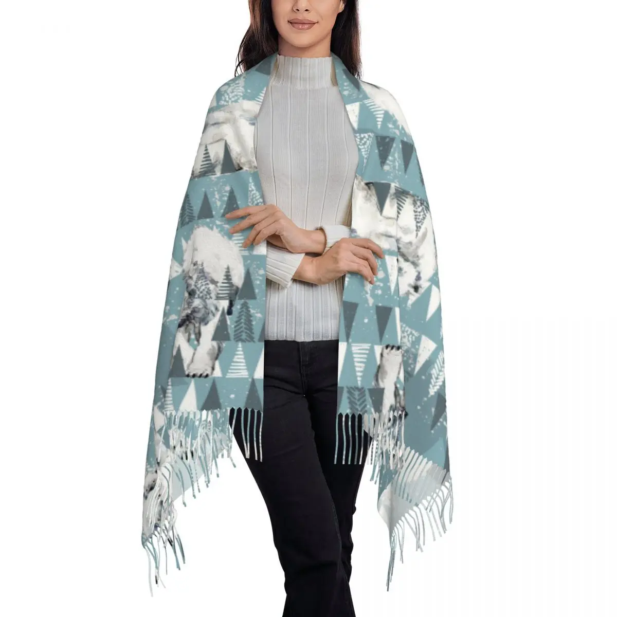 Inverno orso polare acquerello nord fauna selvatica animale selvatico scialle Pashmina da donna avvolge sciarpa con frange sciarpa lunga e grande