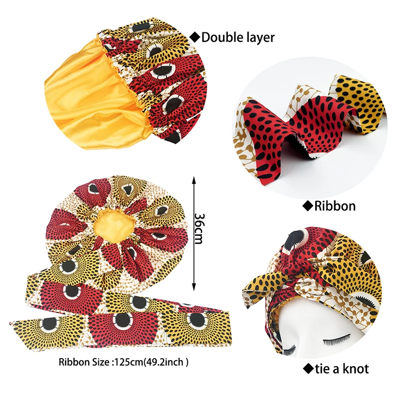 New African Ankara Pattern Satin Linned Bonnet Women Long Ribbon Headwrap Double Layer Headscarf Big Size Adult Hair Cover