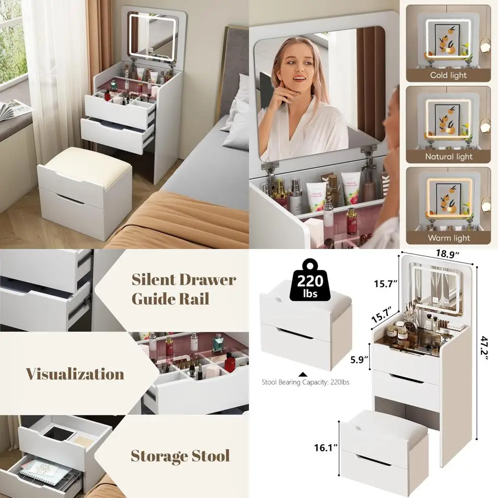 compact 3-drawer vanity desk with illuminated flip mirror and cushioned seat