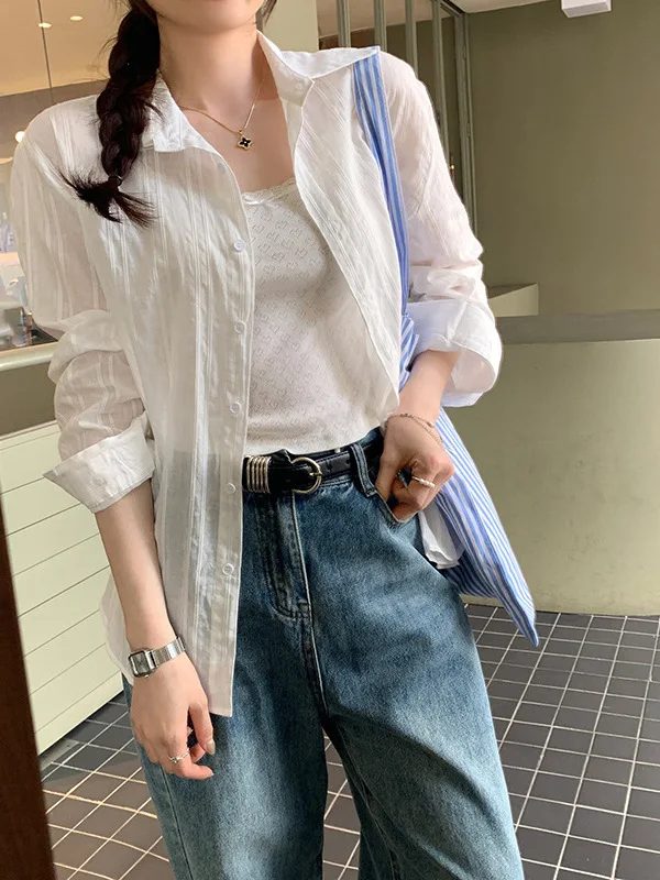 ملابس خارجية نسائية صيفية رفيعة بيضاء irt كاجوال خفيفة الوزن للحماية من الشمس ملابس خارجية فضفاضة من القطن الخالص طويلة Sve للمراهقين #1