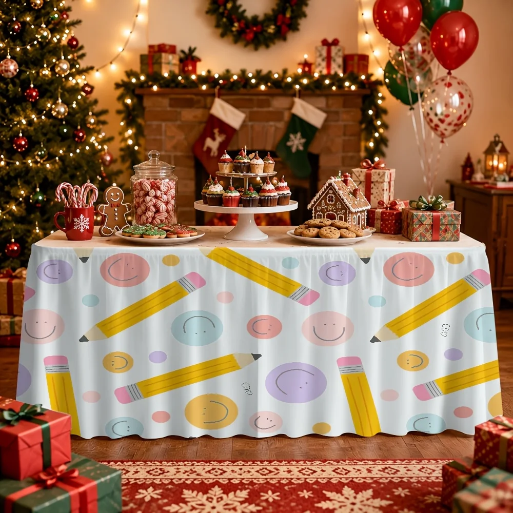 A set of cartoon pencil happy print table skirt, suitable for party events, kitchen and restaurant decorationxzj