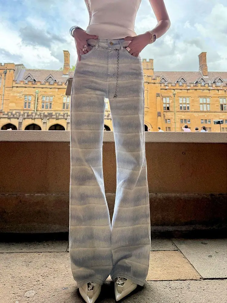 Retro High Waist Gradual Change Striped Straight Jeans Women's 2026 New Casual Loose Mopping Trousers