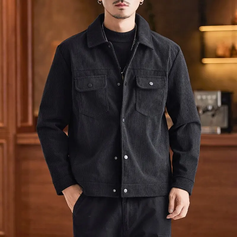 

Autumn and Spring New Fashion Solid Color Retro Sports Flannel Work Jacket Men's Casual Loose Comfortable Plus Size Outerwear