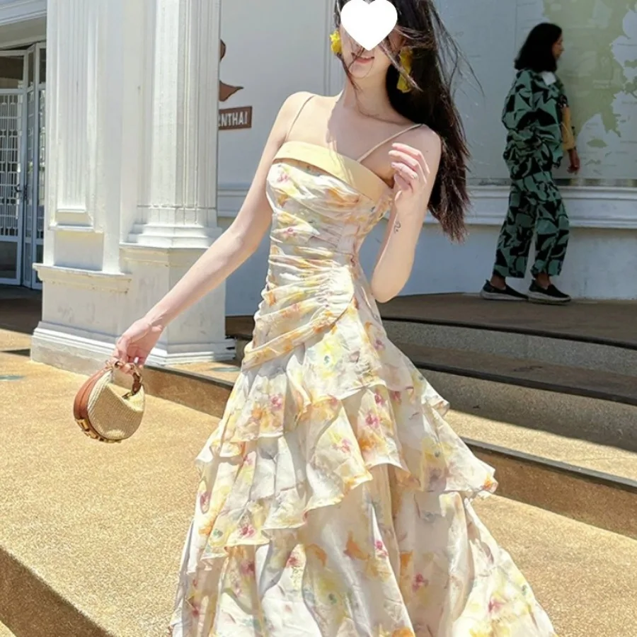 

【New style】French style small size lotus leaf edge printed dress romantic warm aesthetic romantic light luxury irregular fishta