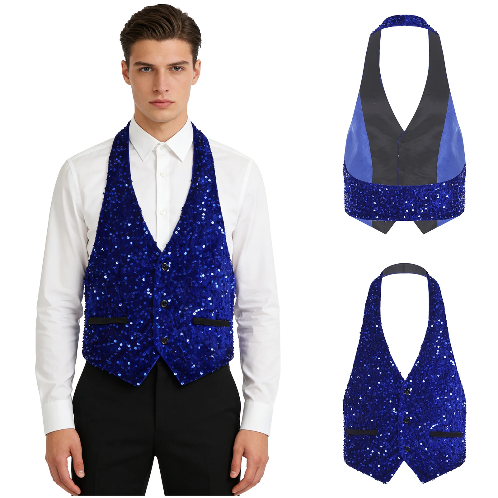

Men Glittery 70s 80s Disco Sequined Velvet Waistcoat Halter V Neck Button-down Backless Vest for Cocktail Party Jazz Dance Prom