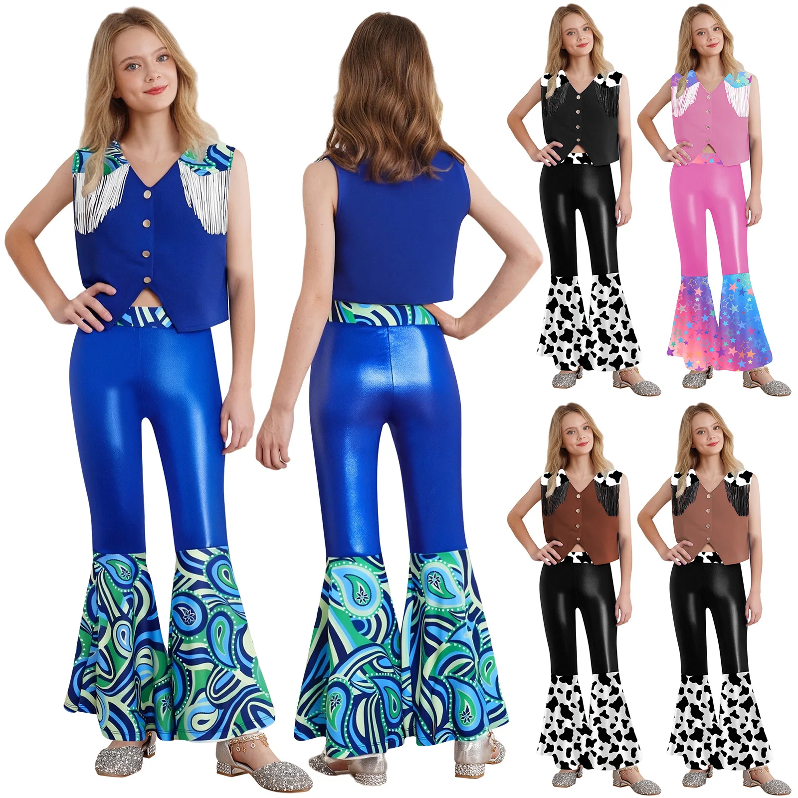 الأطفال فتاة الغربية راعية البقر الهبي ديسكو زي طباعة شرابة سترة مع جرس أسفل السراويل لجميع القديسين كرنفال حفلة تأثيري #5