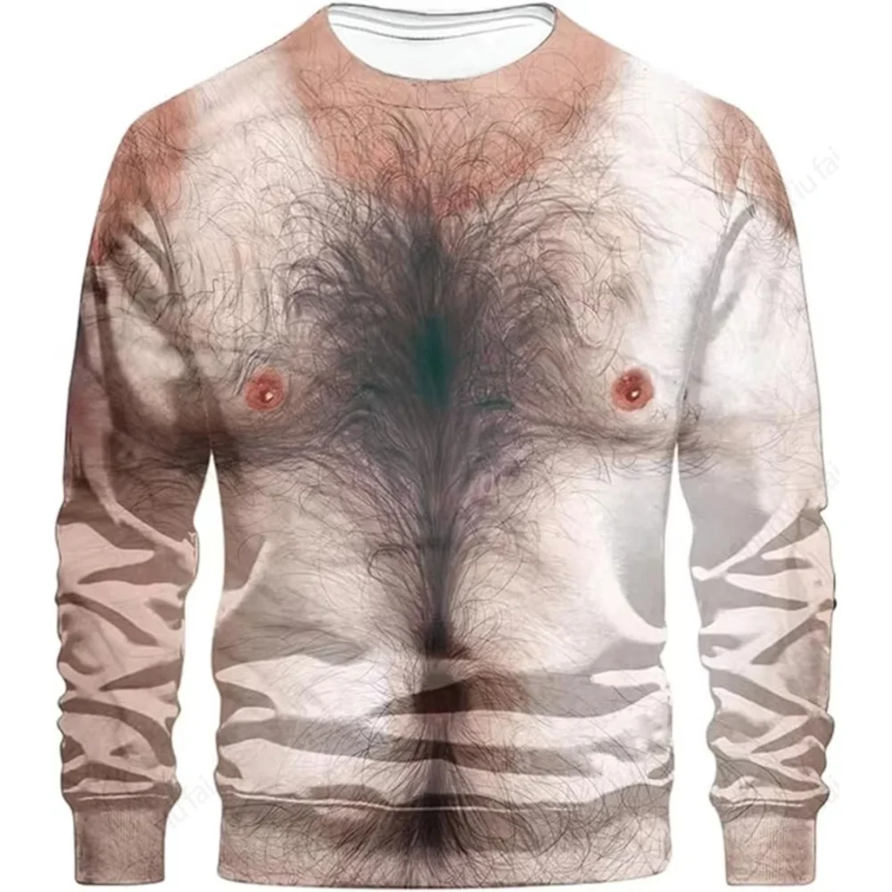 Funny Fake Musclet-Shirt 3D Funny Muscle Body Printed T-Shirts Slim Oversized T Shirt Men Tops Ugly Chest Hair Tops Long Sleeve