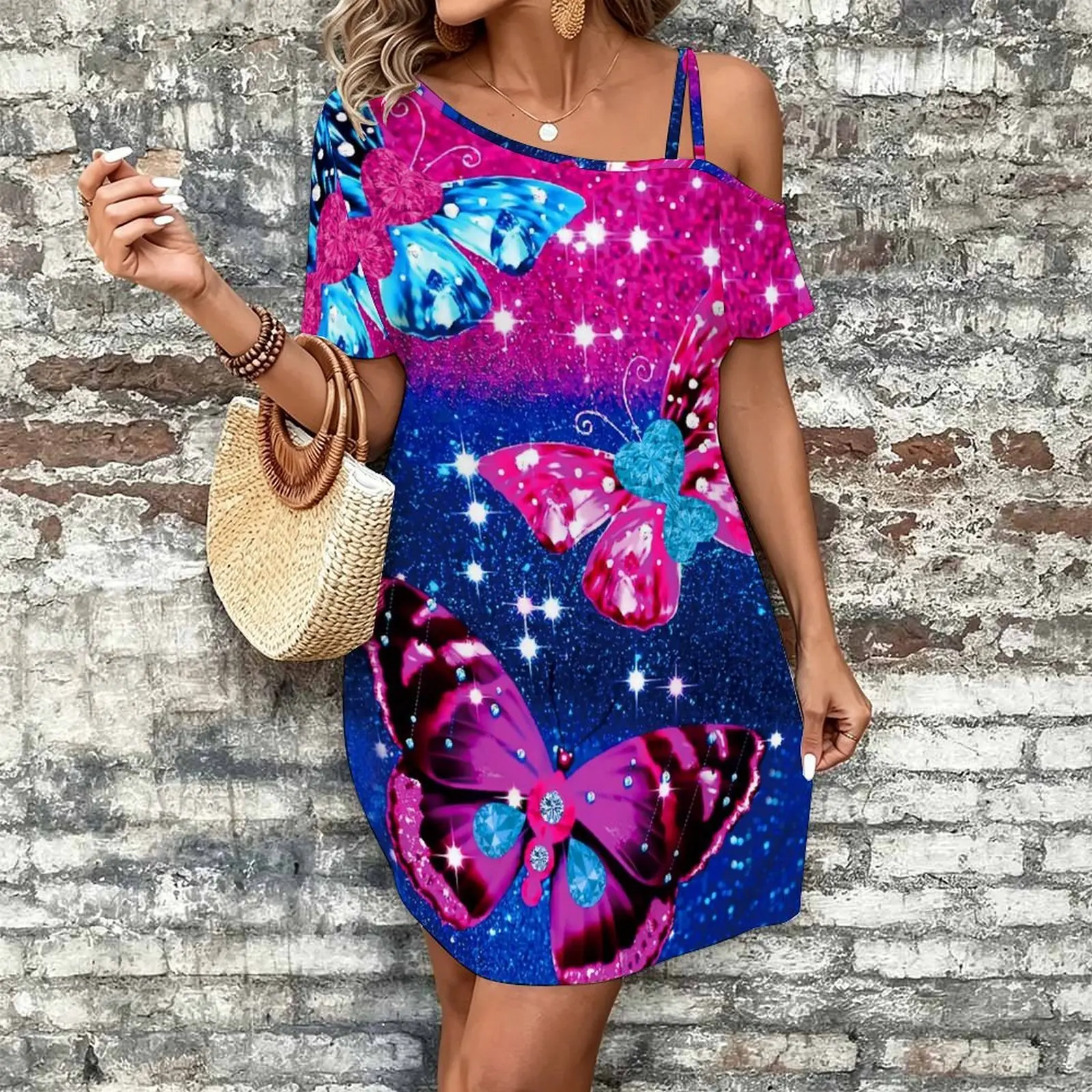 Women Print Cold Shoulder Short Sleeve Mini Dress Irregular Off Shoulder Casual Loose Tunic Dress