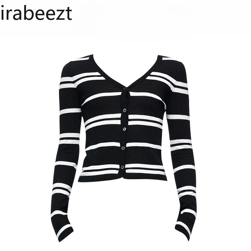 Design Sense Niche Micro Transparent Lace Back Splicing Striped Knit Cardigan Women's Autumn Pure Wind V-neck Slim Top