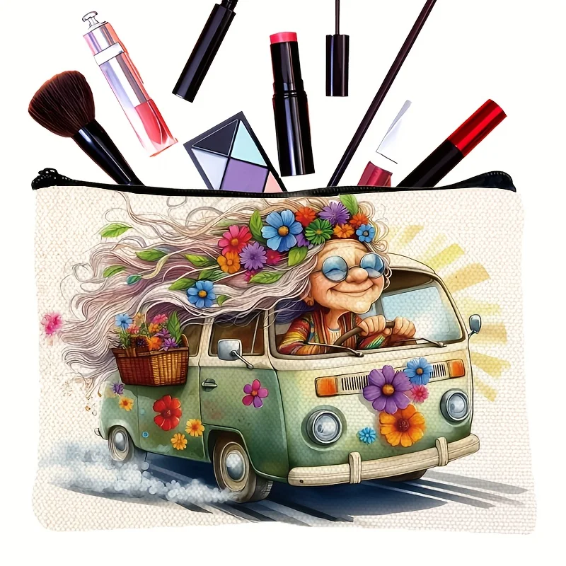 1Pc Retro Hippie Style Cute Grandma Float Retro Design Multifunctional Travel Makeup Bag, Snack Storage Bag, Stationery Storage Bag, Fashionable Toiletry Bag, Canvas Double-Sided Printed Zipper Pouch