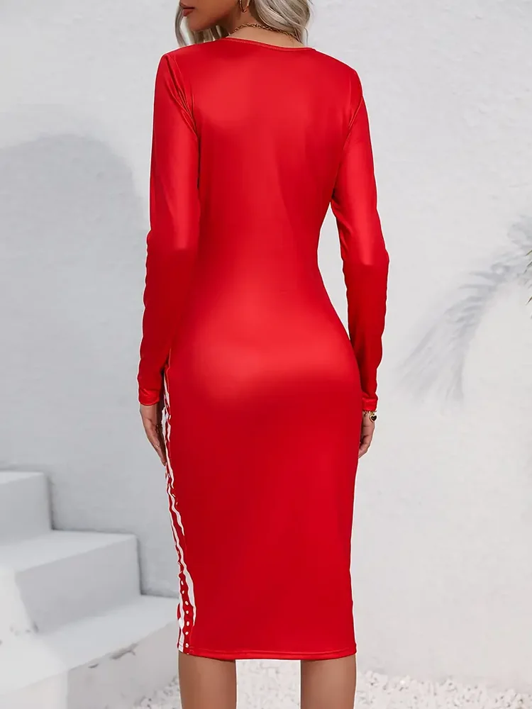 Notch Neck Splicing Dress, Bodycon Elegant Long Sleeve Dress For Spring & Fall, Women\'s Clothing