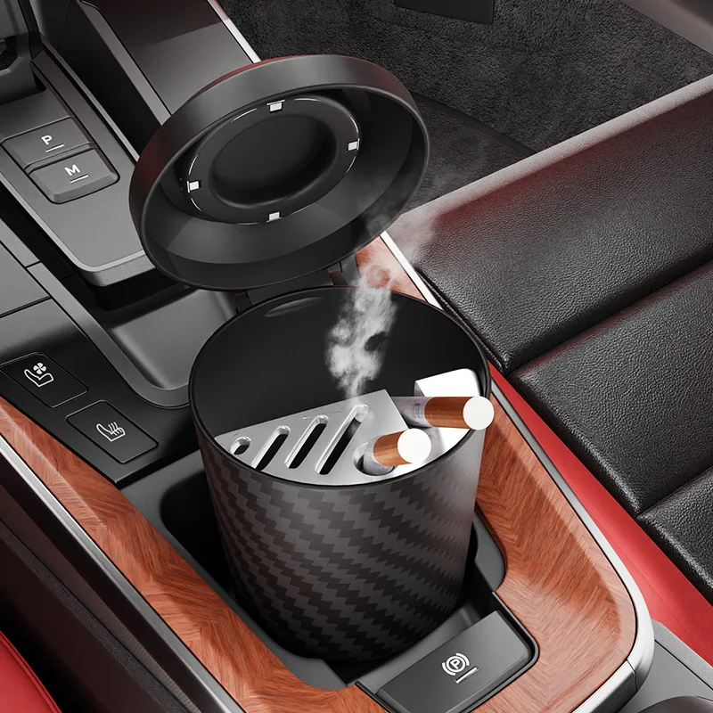 Carbon Fiber Texture Car Ashtray Portable Auto Ashtray with Lid Detachable Smokeless Cup Holder Ashtray for Car Interior Smoking