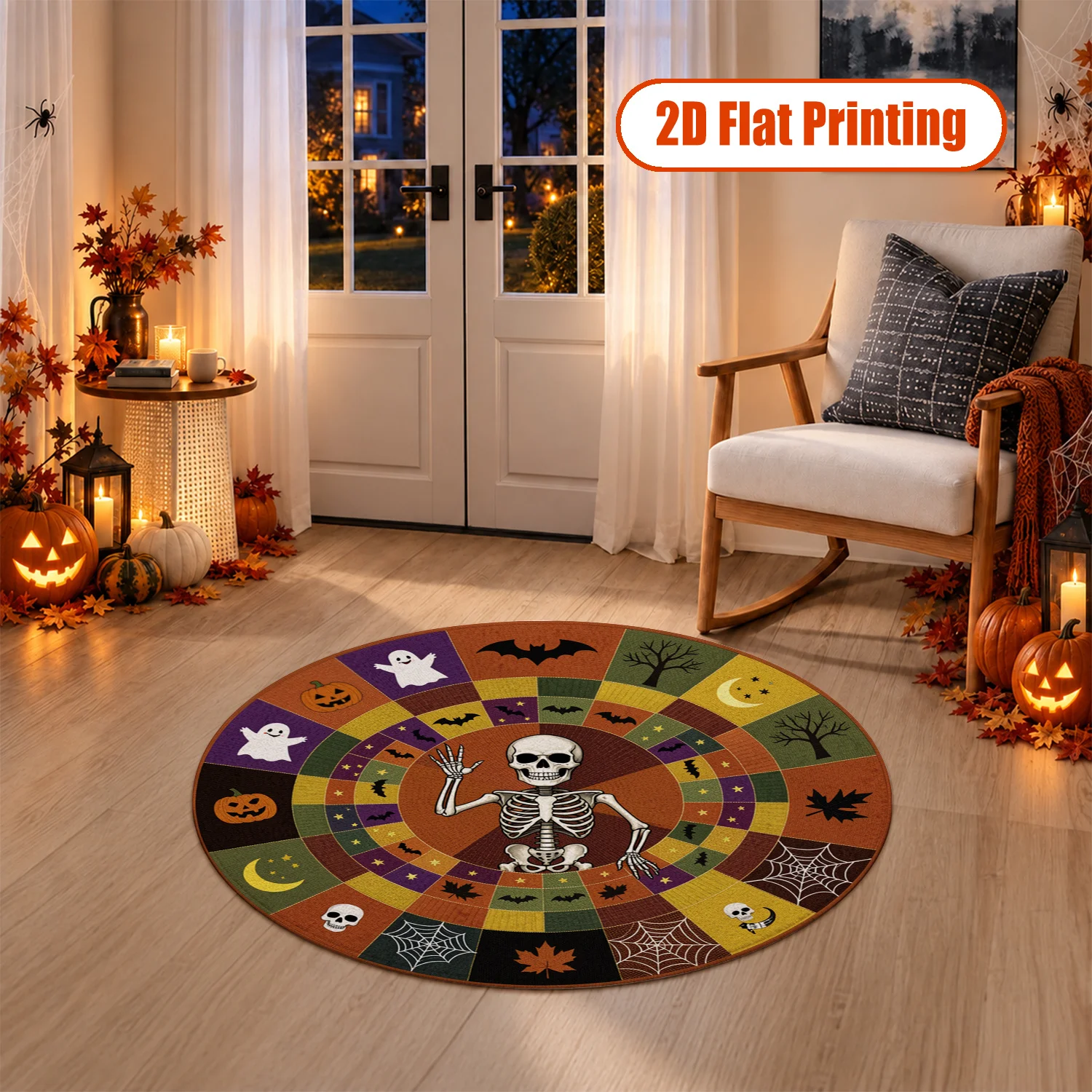 Round Rug with Skeleton Ghost Pumpkin Bat Spider Web Print, Velvet, Machine Washable, Stays Firmly In Place, Ideal for Living Room, Bedroom, Entryway, Perfect for Halloween, Thanksgiving, Christmas, New Year, Black Friday, Cyber Monday Decor