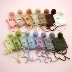 Baby Fur Ball Knitting Hat Handmade Crochet Newborn Photography Props Bonnet Infants Photo Posing Baby Knit Hat with Ears