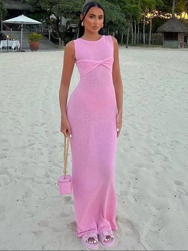

Fantoye Knitted Round Neck Ruched Women Maxi Dress Pink Sleeveless See Through Dress Femme Summer Skinny Elegant Party Beachwear