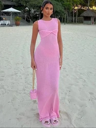 Fantoye gestrickt Rundhals ausschnitt geraffte Frauen Maxi kleid rosa ärmel los durchsichtig Kleid Femme Sommer dünn elegant Party Beach wear