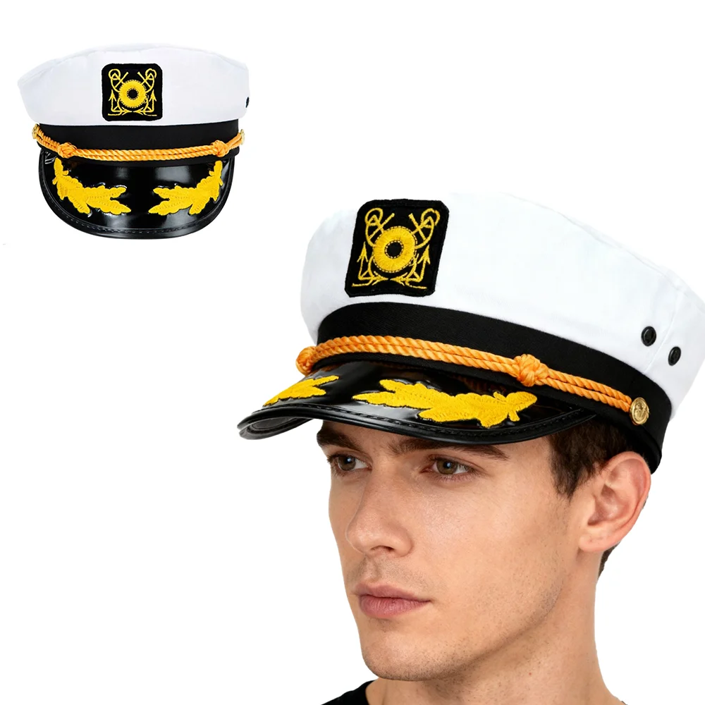 PESENAR Weißer und schwarzer Marinehut im Captain-Stil mit Emblem für Cosplay- und Kostümzubehör