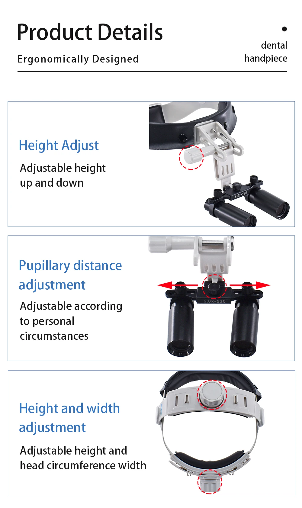 DEASIN Dental Magnifier 5X / 6X Binocular Kepler Loupes Headband Adjustable with LED Headlight 5W Dentist Surgical Headlamp Tool