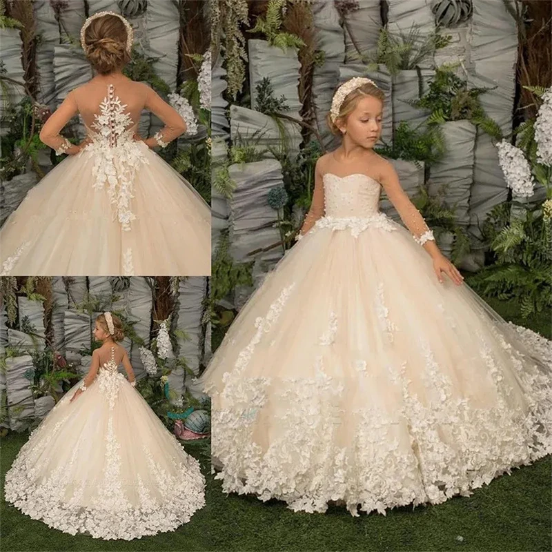 Ivory color Flower Girl Round neck Lace Appliques Long Wedding Birthday Party Gowns Customized