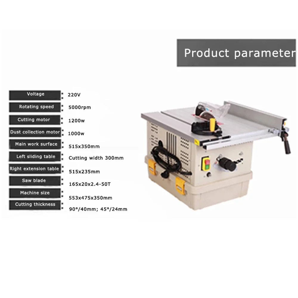 Gran oferta, sierra compuesta sin polvo de 1,2 kW, mesa elevadora, Sierra, mesa deslizante multifuncional para carpintería