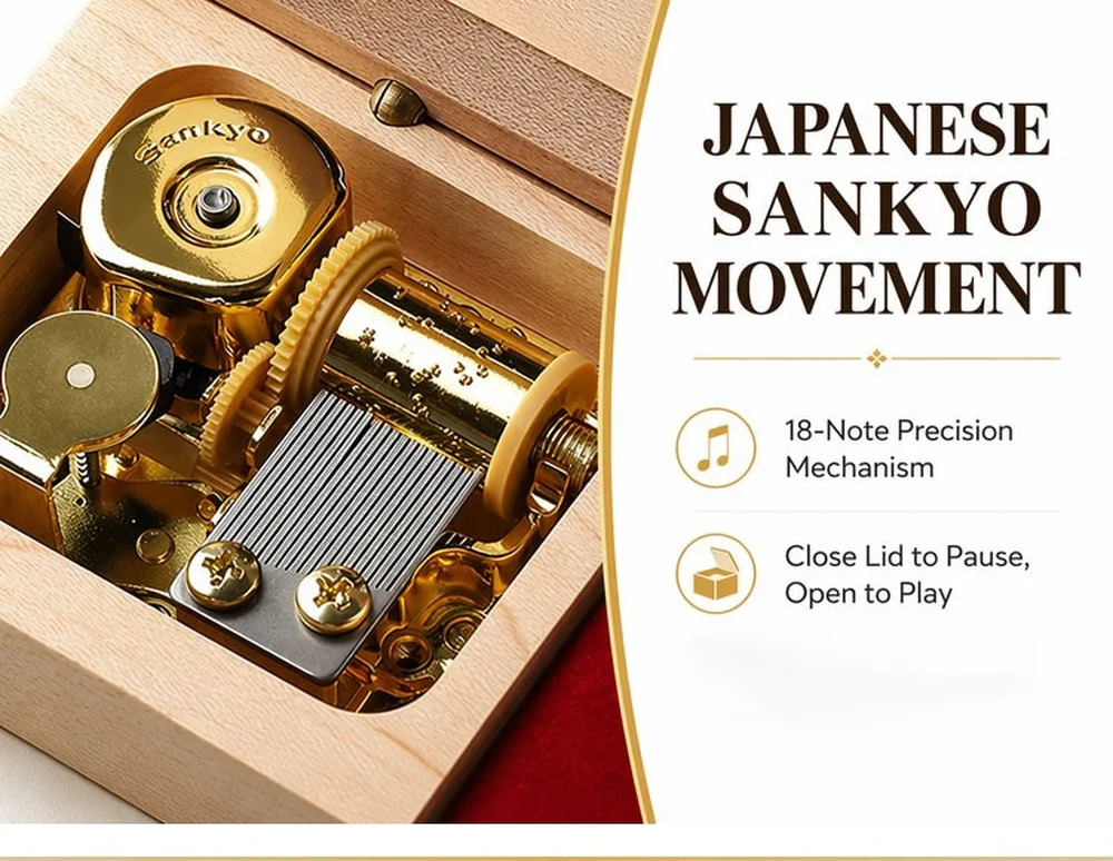 Solid Wood Music Box with Sankyo Movement Ring Jewelry Storage Case Musical Proposal Box for Wedding Anniversary Gift