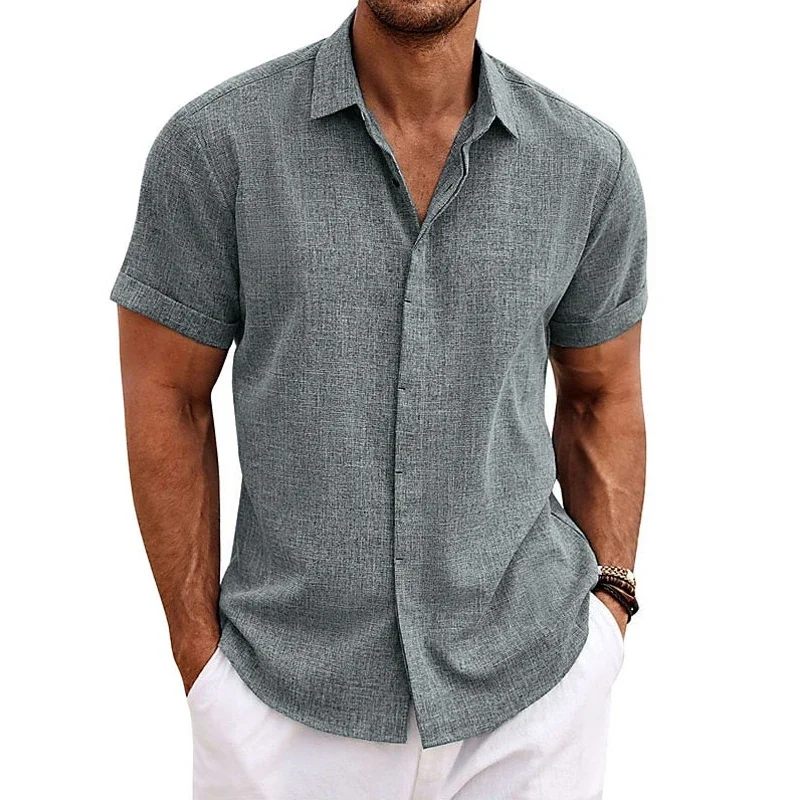 Cotton Linen Hot Sale Men\'s Short-Sleeved Shirts Summer Solid Color Turn-down Collar Casual Beach Style Plus Size