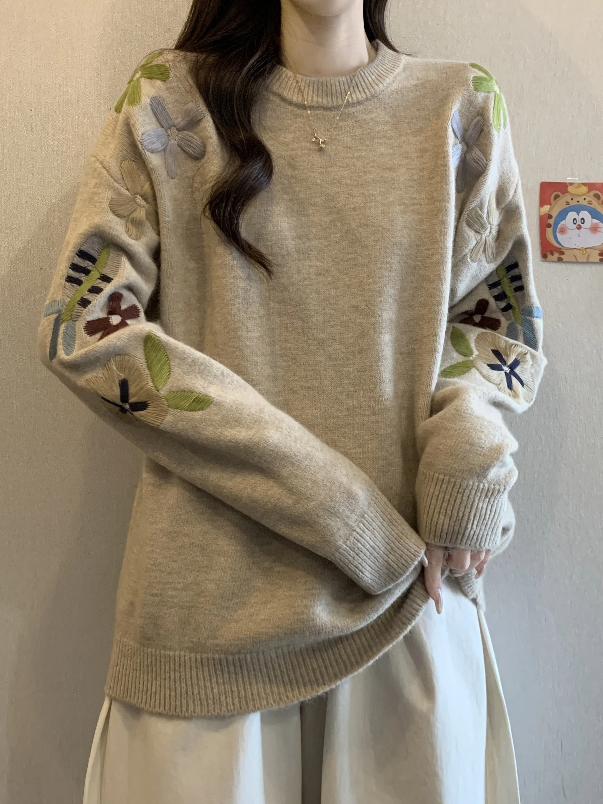 Prendas de punto bordadas coreanas para mujer, suéter holgado de talla grande para otoño e invierno, suéter adelgazante cómodo y largo