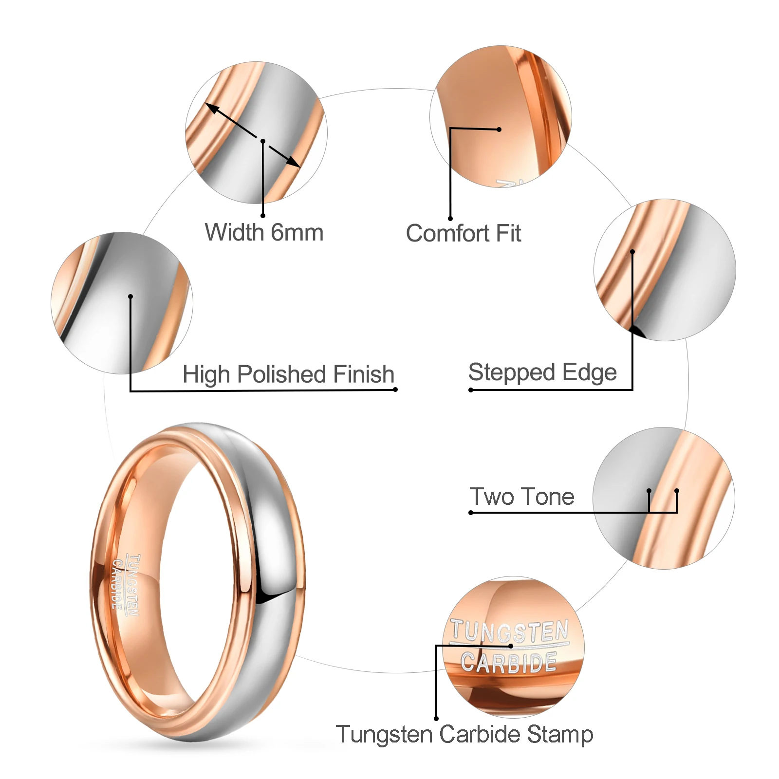 NUNCAD 4mm 6mm 8mm Domed Polished Step ROSEGold Color Tungsten Steel Ring Wedding Band Comfort Fit Tungsten Carbide Ring