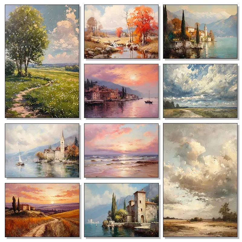(No frame)Vintage campo paisaje marino Venecia costera paisaje Neutral lienzo pintura impresa Moody cartel rústico sala de es