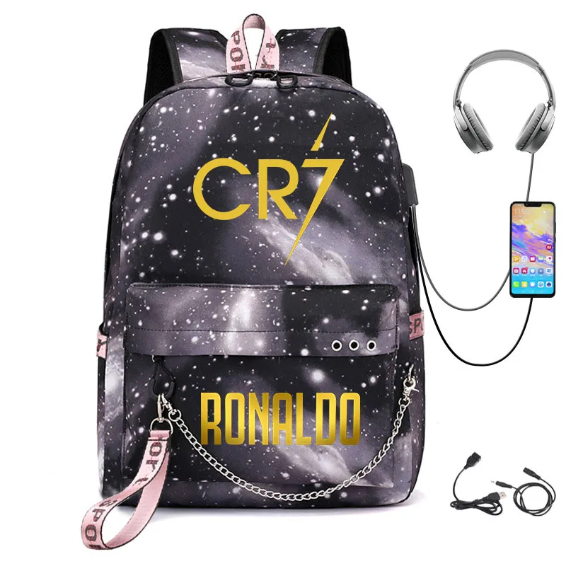 Ronaldo mochila adolescente estudante saco de escola computador usb viagem ao ar livre saco de lazer