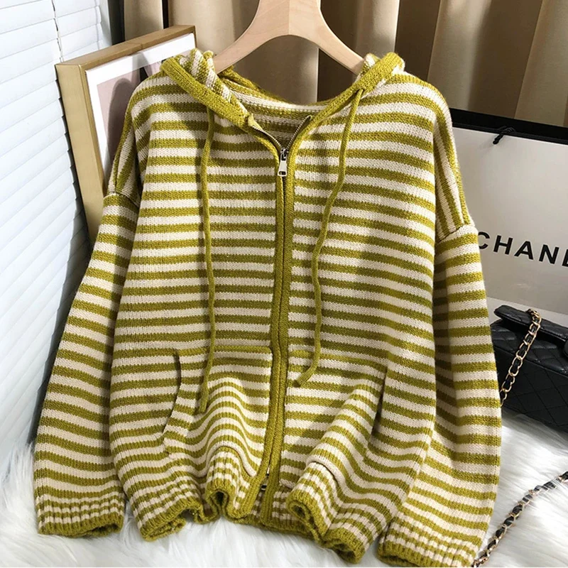 Autumn Winter Red Stripes Hooded Knit Cardigan Woman Korean Fashion Loose Casual Sweater Zipper Coat Oversized Long Sleeve Top