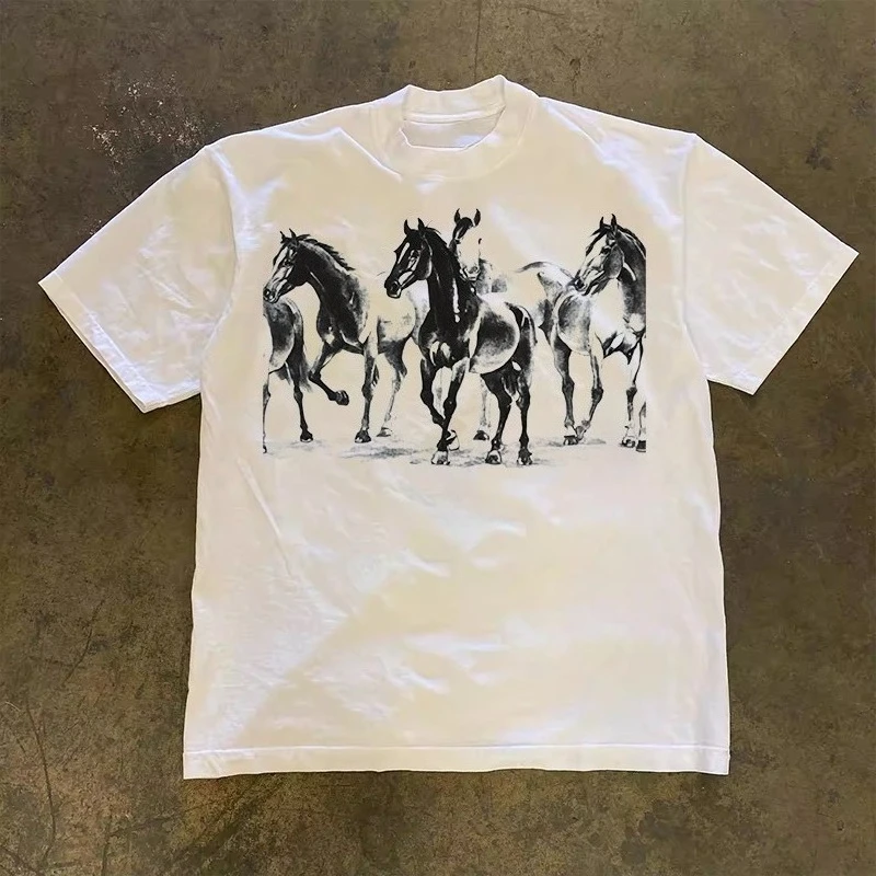 2026 Vintage White Sketch Running Horses Print T Shirt Men Women White Oversized Cotton Tee Western Retro Casual Streetwear Tops
