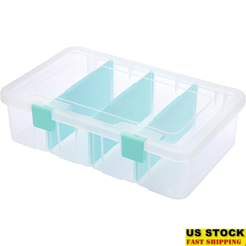 

Clear Plastic Storage Box with 4 Adjustable Compartments Craft Organizer Durable Tool Bin with Lid Home Office School