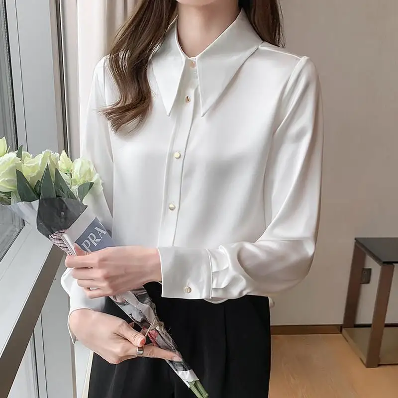 Female Clothing Turn-down Collar Solid Color Blouse Commute All-match Spring Autumn Fashion Single-breasted Long Sleeve Shirt